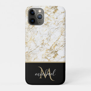 Gold & White Marble with Black Monogram Luxury iPhone 11 Pro Case