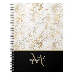 Gold & White Marble with Black Monogram Luxury Notebook