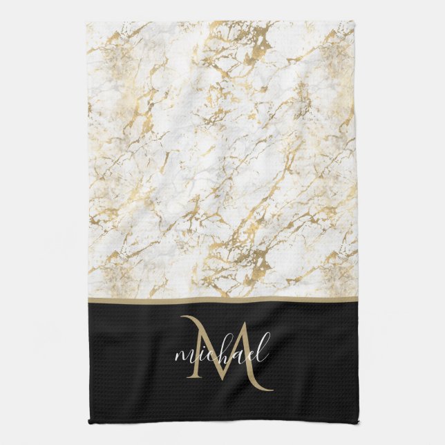 Gold & White Marble with Black Monogram  Tea Towel (Vertical)