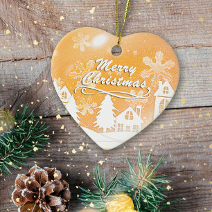Gold White Merry Christmas Happy New Year Ceramic Ornament