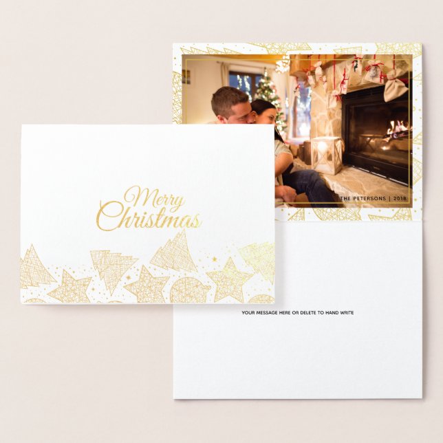 Gold & White Merry Christmas Pattern Family Photo Foil Card (Display)