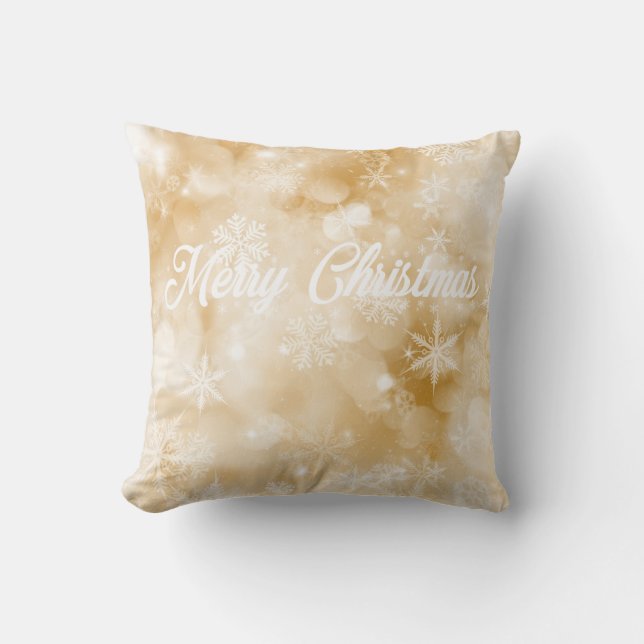 Gold & White Merry Christmas Snowflake Cushion (Front)