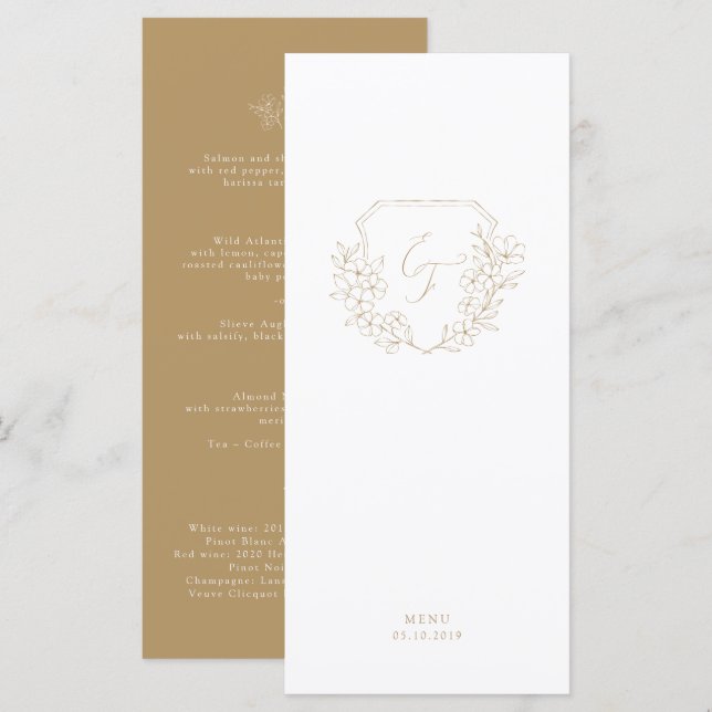 Gold White Minimal Cherry Blossom Monogram Crest Menu (Front/Back)