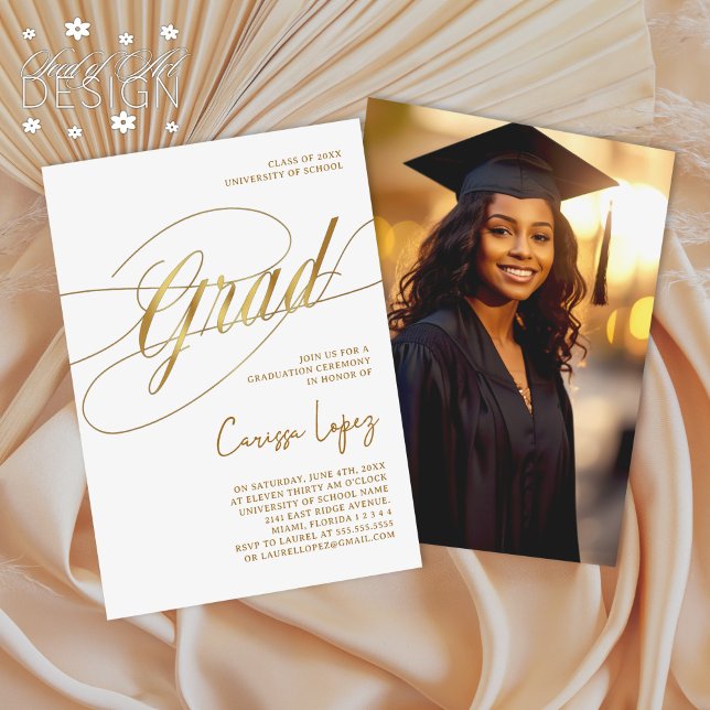 Gold & White Minimal Scripted Grad Ceremony Photo Invitation (Creator Uploaded)