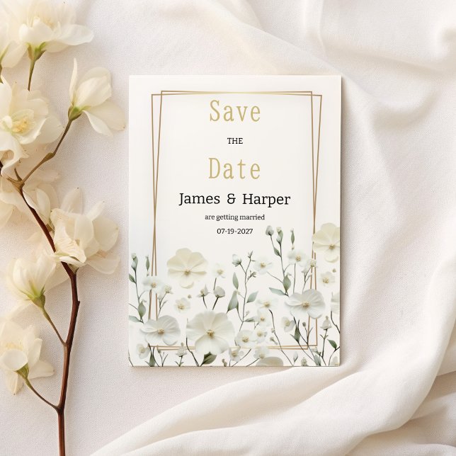 Gold white mint delicate floral Save the Date  Invitation (Gold white mint delicate floral Save the Date )