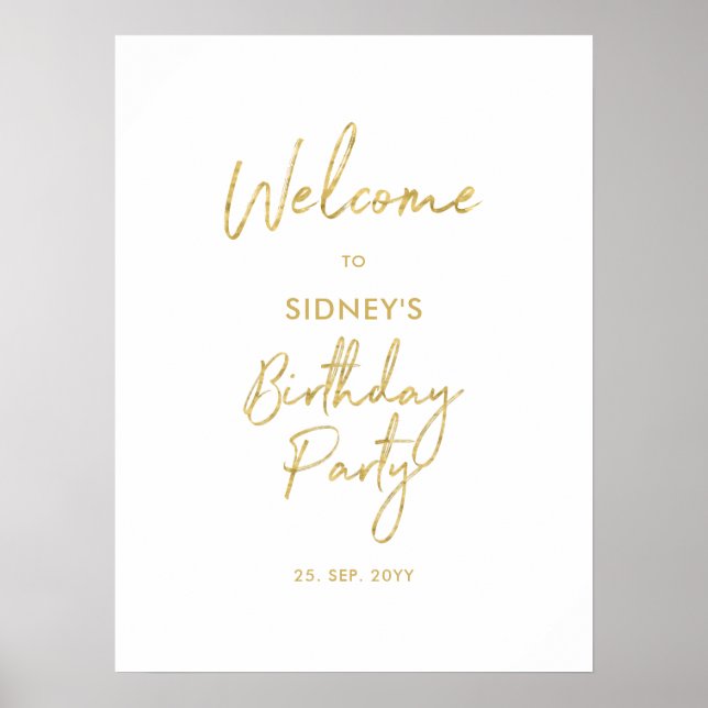 Gold & White Modern Birthday Party Welcome Poster (Front)