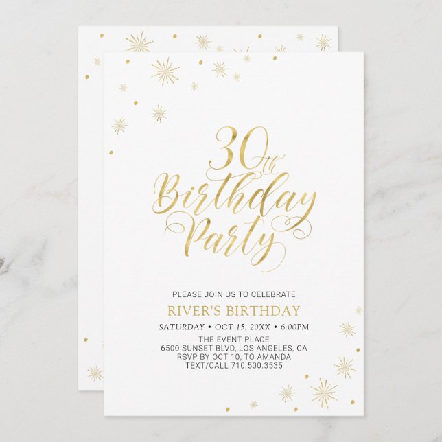 Gold & White | Modern Chic 30th Birthday Party Invitation (Front/Back)