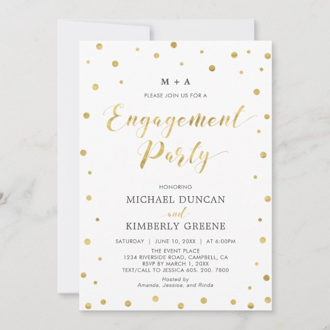 Gold & White | Modern Confetti Engagement Party In Invitation (Front)