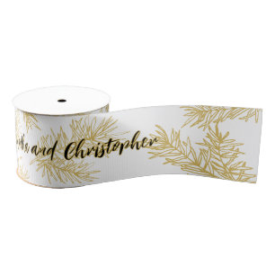 Gold White Modern Elegant Botanical Christmas Grosgrain Ribbon
