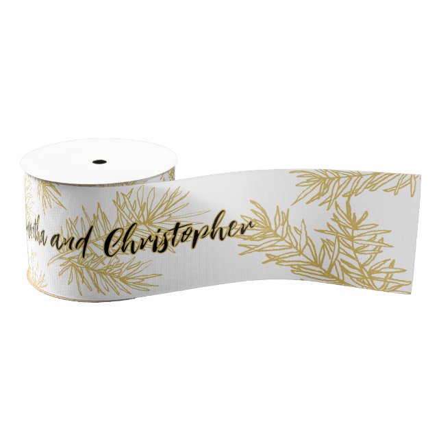 Gold White Modern Elegant Botanical Christmas Grosgrain Ribbon (Spool)