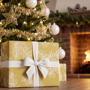 Gold White Modern Elegant Botanical Pine Christmas Wrapping Paper