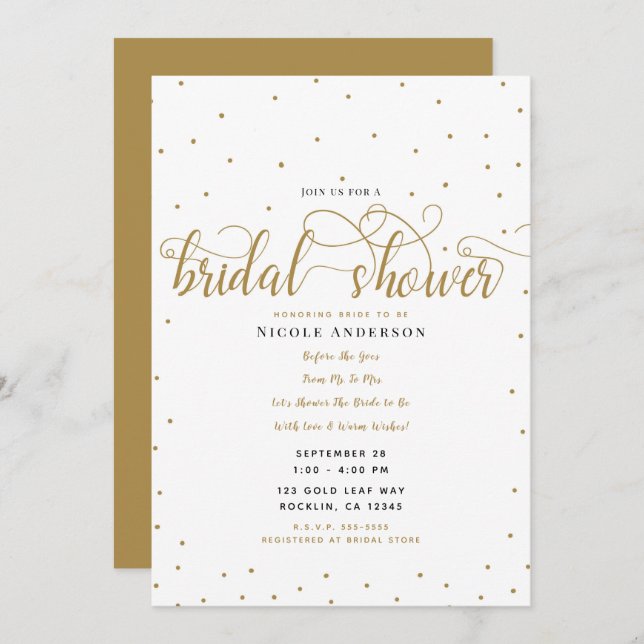 Gold & White Modern Minimal Script Bridal Shower Invitation (Front/Back)