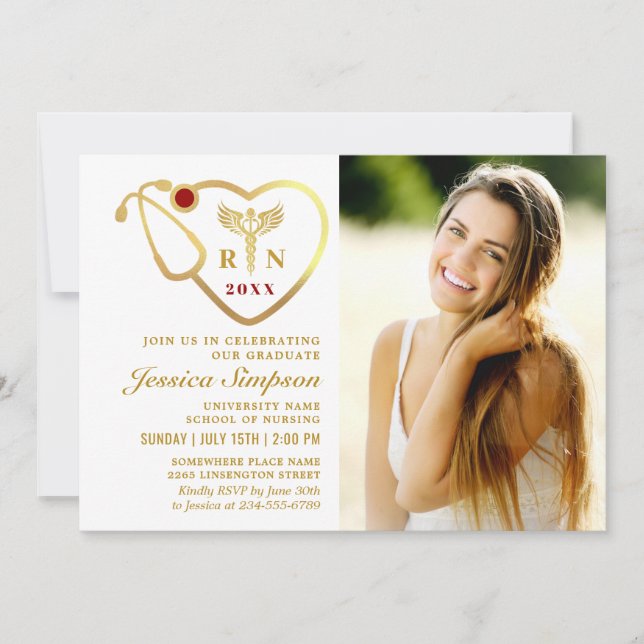 Gold White Modern Nursing School Graduation Party Invitation (Front)