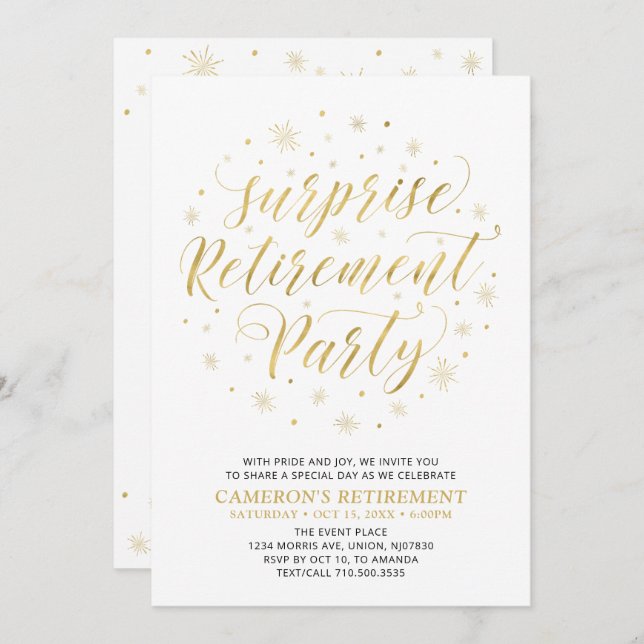 Gold & White | Modern Surprise Retirement Party Invitation (Front/Back)