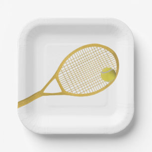 Gold & White Modern Tennis Ball Racket  Paper Plate