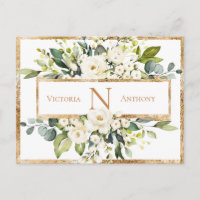 Gold White Monogram Floral Greenery Save the Date