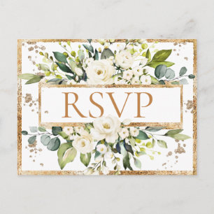Gold White Monogram Floral Wedding RSVP Postcard