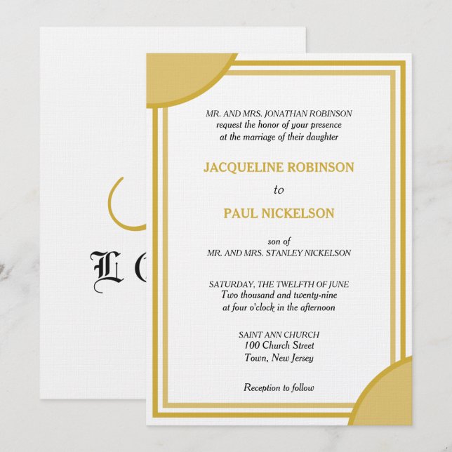 Gold White Monogram Geometric Wedding Invitation (Front/Back)