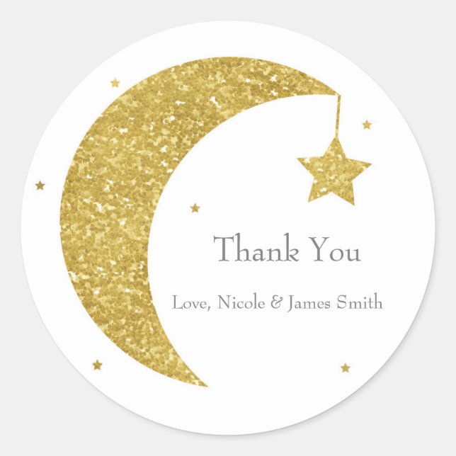 Gold & White Moon & Stars Baby Shower Favour Classic Round Sticker (Front)