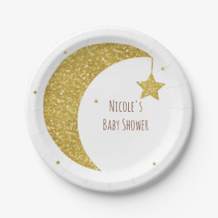 Gold & White Moon & Stars Baby Shower Paper Plate
