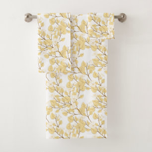 Gold White Morning Glory Flower  Bath Towel Set