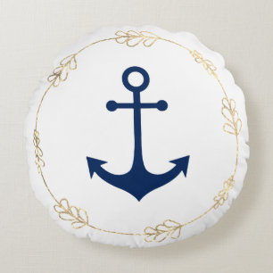 gold white nautical anchor round cushion