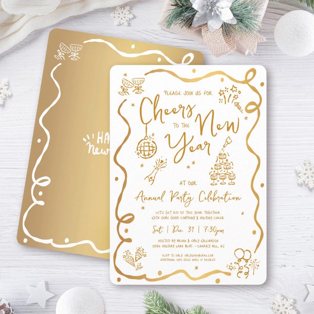 Gold White New Year Cheer Hand Drawn Sketch Party Invitation (Creator Uploaded)