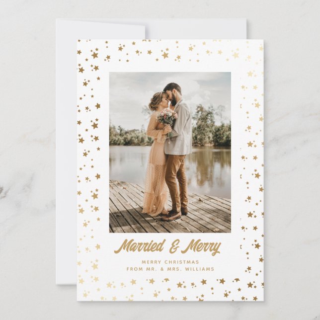 Gold White Newlyweds Photo Holiday Card (Front)