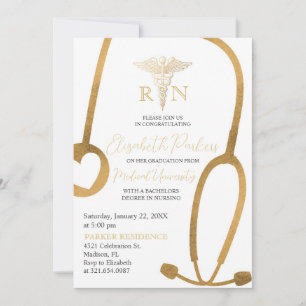 Gold White Nursing School Graduation Party Invitation