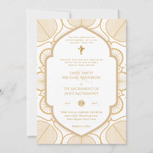 Gold White Ornate Catholic Nuptial Mass Wedding Invitation (Front)