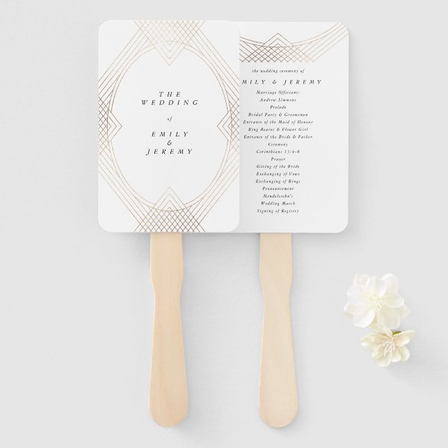 Gold White Oval Geometric Art Deco Gatsby Wedding Hand Fan (Front and Back)