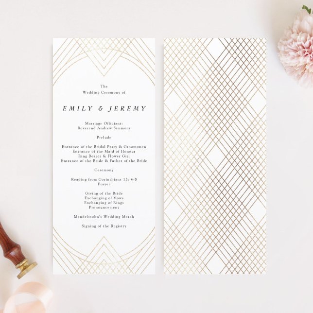 Gold White Oval Geometric Art Deco Gatsby Wedding Program (Creator Uploaded)