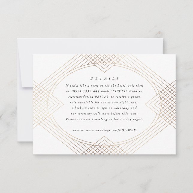 Gold White Oval Geometric Art Deco Gatsby Wedding RSVP Card (Front)