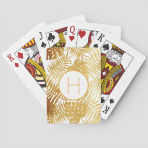Gold white palm tree leaves monogram playing cards