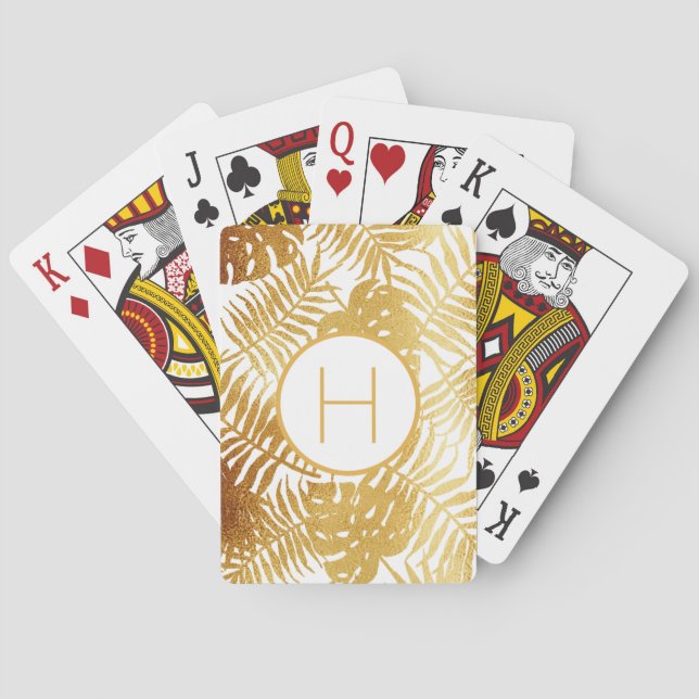 Gold white palm tree leaves monogram playing cards (Back)
