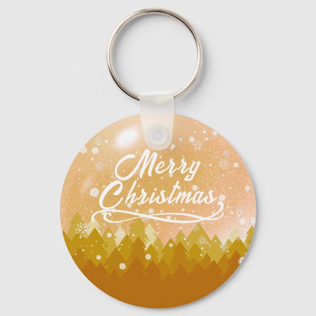 Gold White Peaceful Snow Forest Merry Christmas  Key Ring (Front)