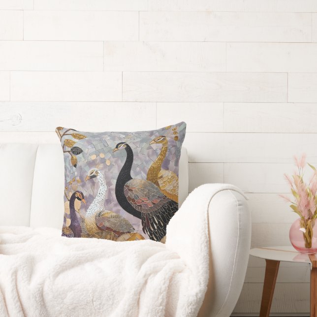Gold White Peacocks Cushion (Couch)