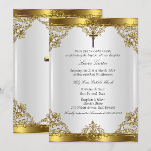 Gold White Pearl Damask Cross Baptism Christening Invitation