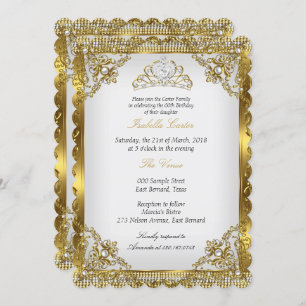 Gold White Pearl Lace Damask Tiara Birthday Party Invitation