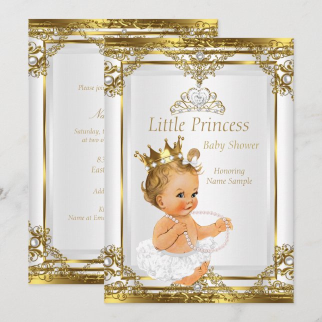 Gold White Pearl Princess Baby Shower Blonde Baby Invitation (Front/Back)