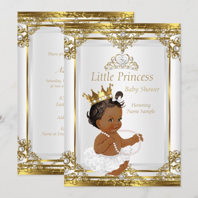 Gold White Pearl Princess Baby Shower Ethnic Invitation (Front/Back)