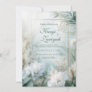 Gold White Peony Pampas Grass Tropical Wedding Invitation