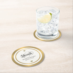 Gold White Personalised Wedding Monogram Round Paper Coaster