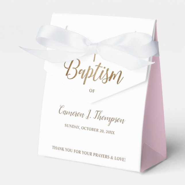 Gold White Pink Baptism Cross Custom Thank You Favour Box (Front Side)