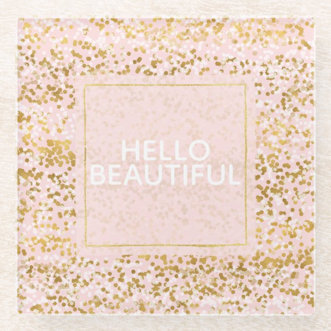 Gold White Pink Confetti Glass Coaster (Front)