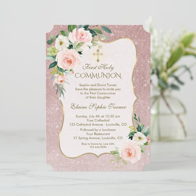Gold White Pink Floral First Holy Communion  Invitation (Standing Front)