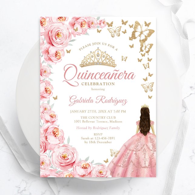 Gold White Pink Floral Quinceanera Invitation (Creator Uploaded)
