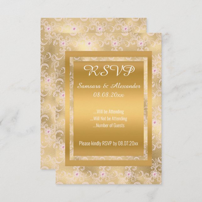 Gold White Pink Lace Simple All Occassion RSVP Invitation (Front/Back)