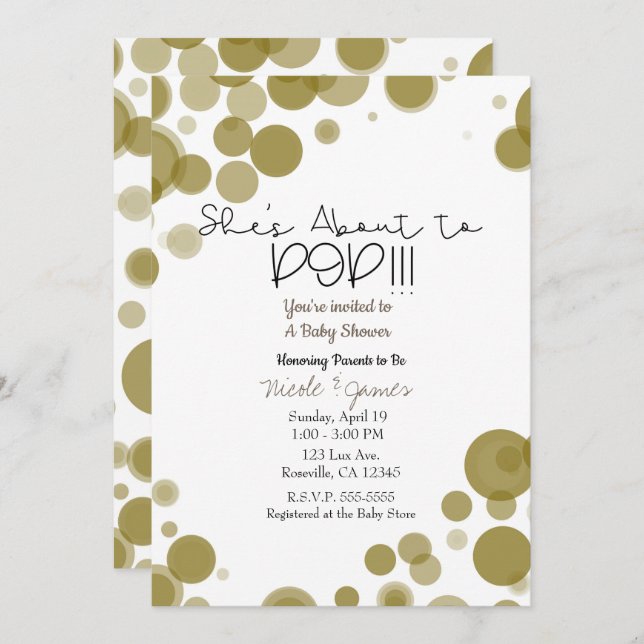 Gold & White Polka Dot Bubbles She's About to POP Invitation (Front/Back)