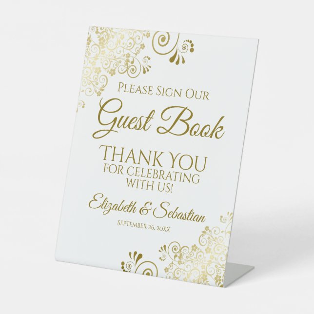 Gold & White Posh Please Sign our Guest Book Sign (Front)